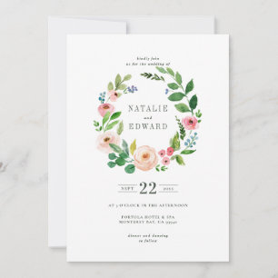 Blush pink floral wreath wedding invitation