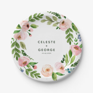 Blush pink floral wreath wedding paper plate