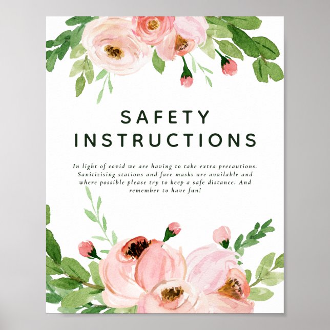Blush pink floral wreath wedding safety info poster (Front)