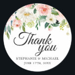 Blush Pink Florals Botanical Wedding Thank You Classic Round Sticker<br><div class="desc">Elegant Blush pink / peach spring floral botanical wedding thank you stickers featuring a bouquet of soft pastel watercolor roses, peonies and hydrangeas in shades of blush pink, peach and cream with lush green botanical leaves and eucalyptus leaves. A modern design choice that is perfect for spring and summer sage...</div>