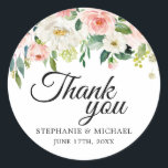 Blush Pink Florals Botanical Wedding Thank You Classic Round Sticker<br><div class="desc">Elegant Blush pink / peach spring floral botanical wedding thank you stickers featuring a bouquet of soft pastel watercolor roses, peonies and hydrangeas in shades of blush pink, peach and cream with lush green botanical leaves and eucalyptus leaves. A modern design choice that is perfect for spring and summer sage...</div>
