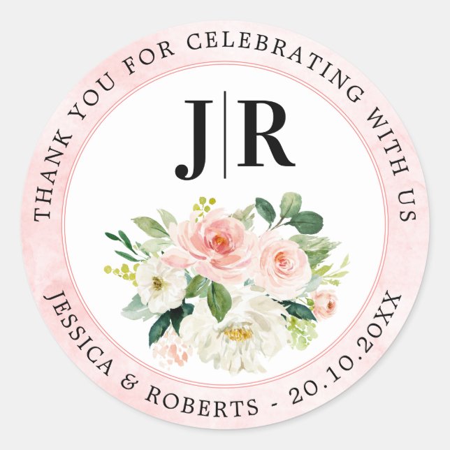 Blush Pink Florals Botanical Wedding Thank You Classic Round Sticker (Front)