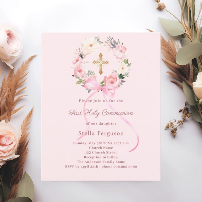 Blush pink florals bow First Communion invitation (Creator Uploaded)