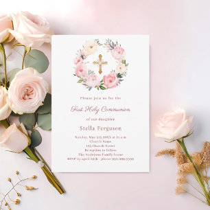 Blush pink florals cross First Communion Invitation