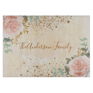 Blush pink florals eucalyptus gold glitter family cutting board