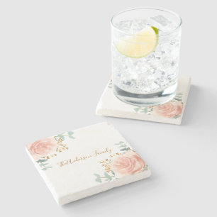 Blush pink florals eucalyptus gold glitter family stone coaster