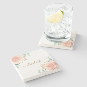 Blush pink florals eucalyptus gold glitter name stone coaster