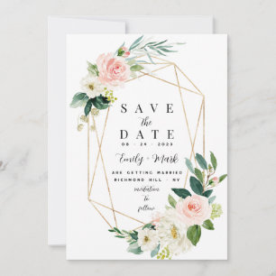 Blush Pink Florals, Greenery & Gold Save The Date