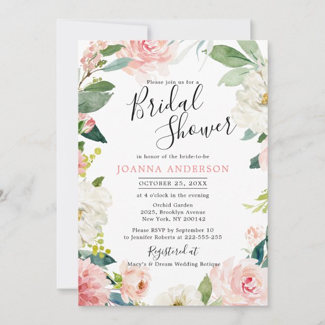 Blush Pink Florals Modern Botanical Bridal Shower Invitation (Front)