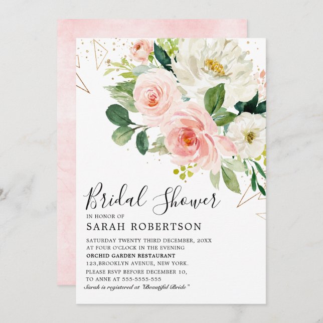 Blush Pink Florals Modern Botanical Bridal Shower Invitation (Front/Back)
