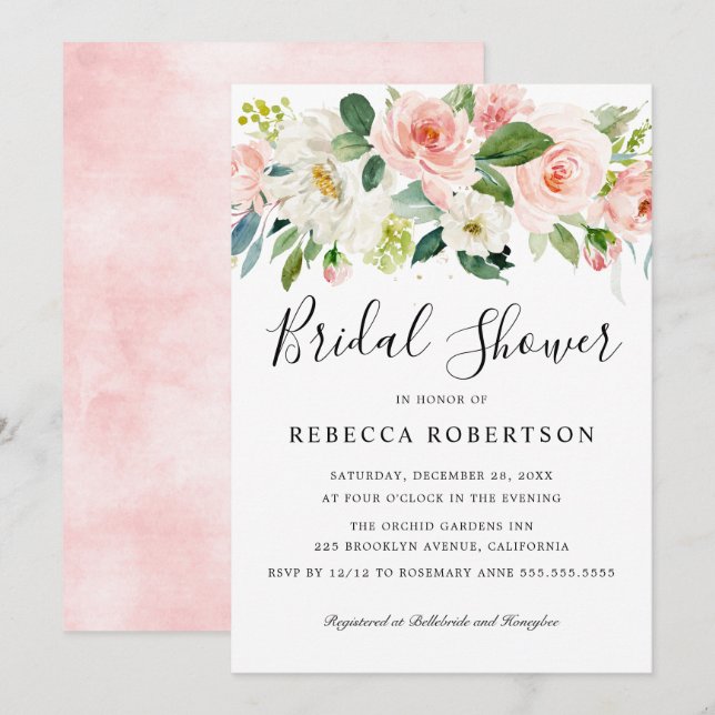 Blush Pink Florals Modern Botanical Bridal Shower Invitation (Front/Back)