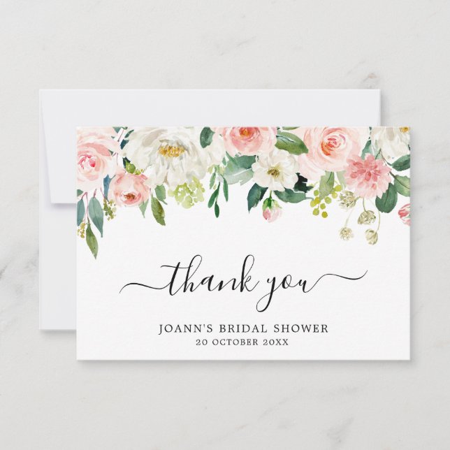 Blush Pink Florals Modern Botanical Bridal Shower Thank You Card (Front)