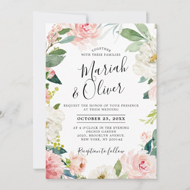 Blush Pink Florals Modern Botanical Frame Wedding Invitation (Front)