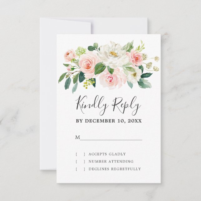 Blush Pink Florals Modern Botanical Wedding RSVP Card (Front)