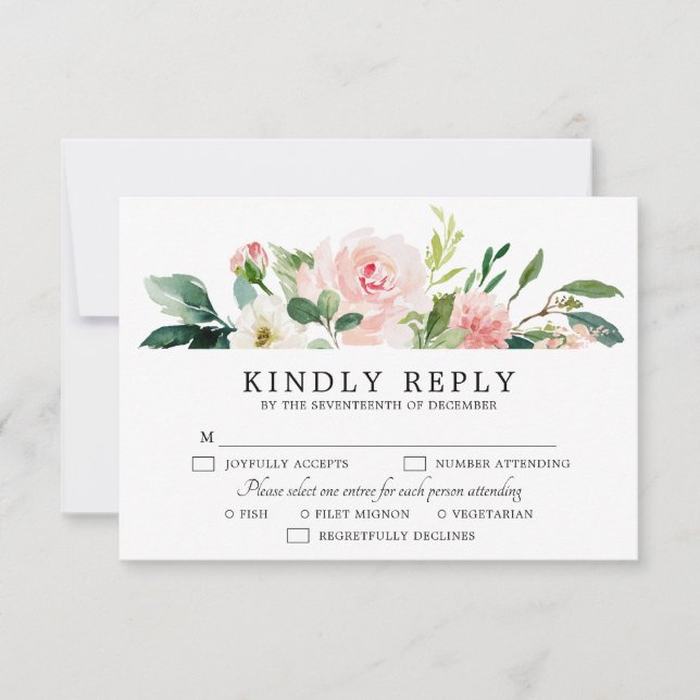 Blush Pink Florals Modern Botanical Wedding RSVP Card (Front)