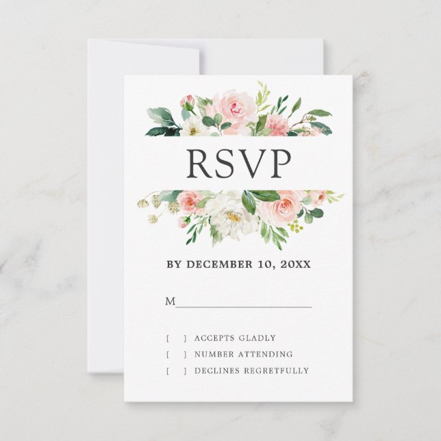 Blush Pink Florals Modern Botanical Wedding RSVP Card (Front)