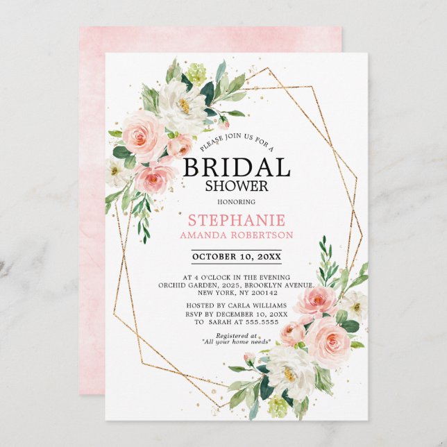 Blush Pink Florals Modern Geometric Bridal Shower Invitation (Front/Back)