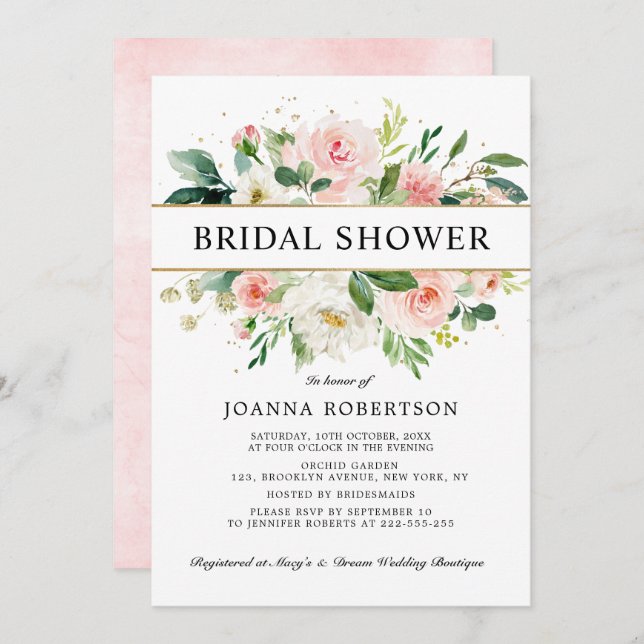 Blush Pink Florals Modern Gold Bridal Shower Invitation (Front/Back)