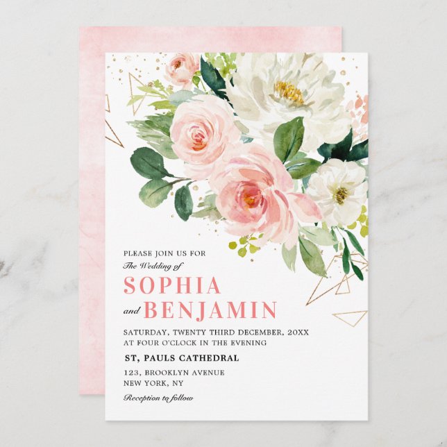 Blush Pink Florals Modern Gold Geometric Wedding Invitation (Front/Back)