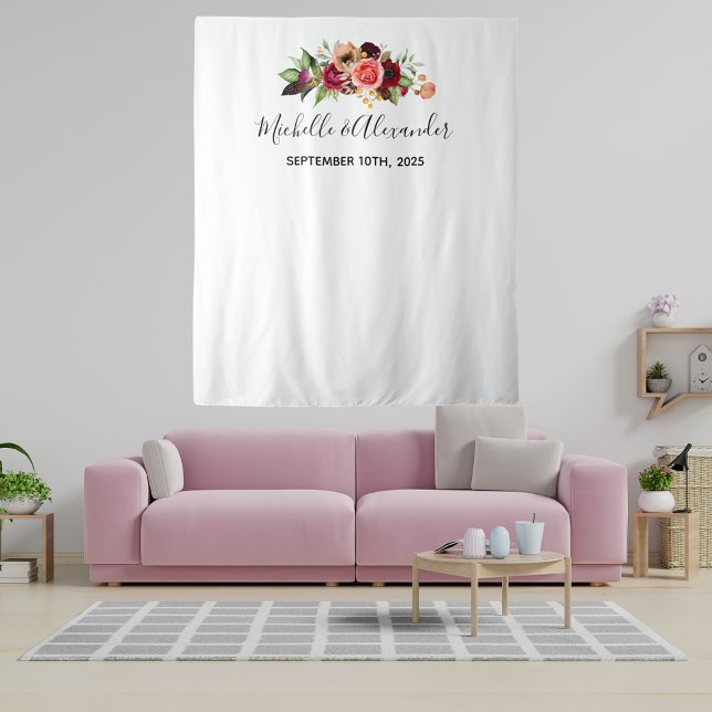 Blush pink florals names white wedding tapestry (Creator Uploaded)