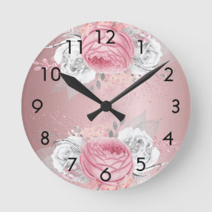 Blush pink florals roses silver elegant round clock