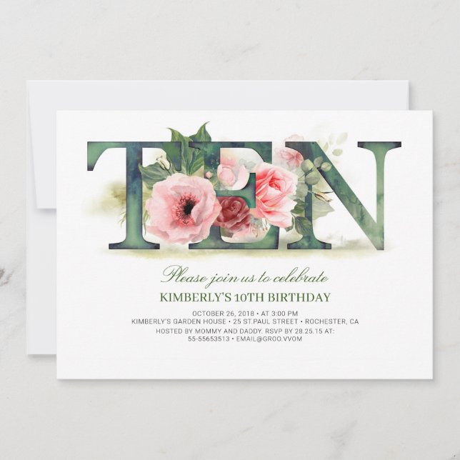 Blush Pink Florals TEN | 10th Birthday Party Invitation (Front)