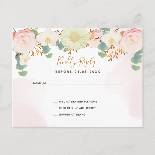 Blush pink florals white wedding RSVP Postcard (Front)