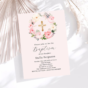 Blush pink florals wreath cross girl baptism invitation