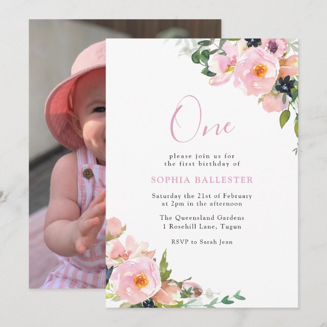 Blush & Pink Flower Girls 1st Birthday Party Photo Invitation (Front/Back)