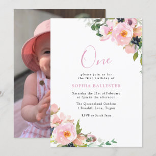 Blush & Pink Flower Girls 1st Birthday Party Photo Invitation