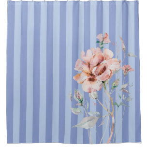 Blush Pink Flower on Blue Stripes Shower Curtain