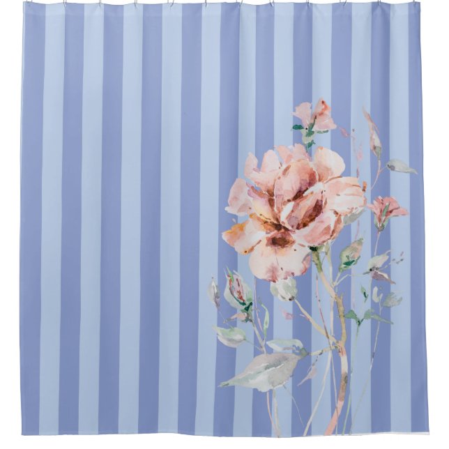 Blush Pink Flower on Blue Stripes Shower Curtain (Front)