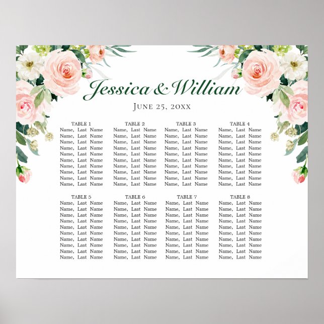 Blush Pink Flowers 8 Tables Wedding SEATING CHART (Front)