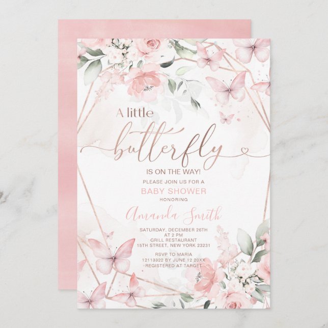 Blush Pink Flowers A Little Butterfly Baby Shower Invitation (Front/Back)