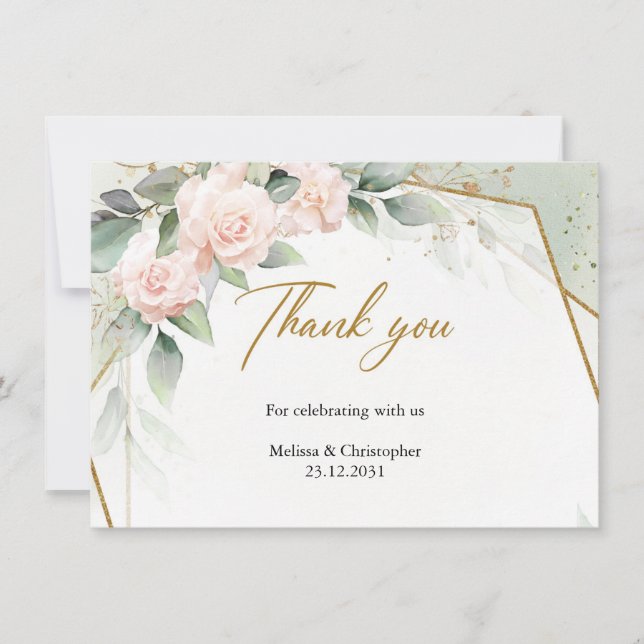 Blush pink flowers and eucalyptus and gold frame thank you card (Front)