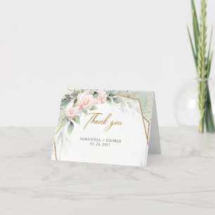 Blush pink flowers and eucalyptus and gold frame thank you card