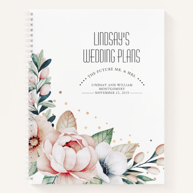Blush Pink Flowers and Gold Confetti Wedding Plans Notebook (Front)