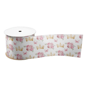 Blush Pink Flowers and Gold Crowns Satin Ribbon