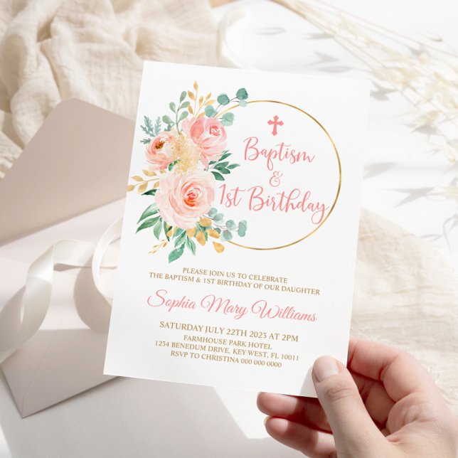 Blush Pink Flowers Baptism & First Birthday  Invitation (Creator Uploaded)