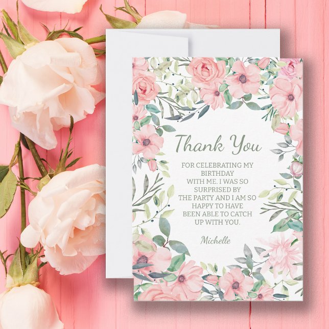 Blush Pink Flowers Birthday  Thank You Card (Pink floral birthday party "Thank you" card)
