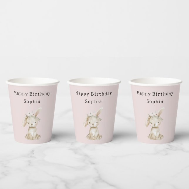 Blush Pink Flowers Bunny Birthday Paper Cups (Multi)