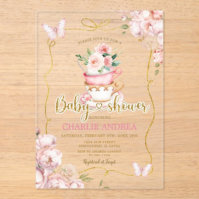 Blush Pink Flowers Butterfly Tea Party Baby Shower Acrylic Invitations (Front)