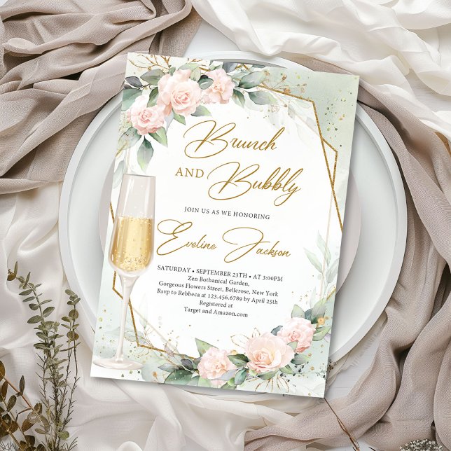 Blush pink flowers eucalyptus brunch and bubbly invitation (Watercolor delicate blush roses eucalyptus and gold frame brunch and bubbly invitation template)