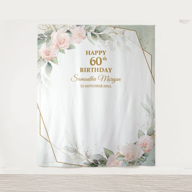 Blush pink flowers eucalyptus gold 60th birthday tapestry (Front)