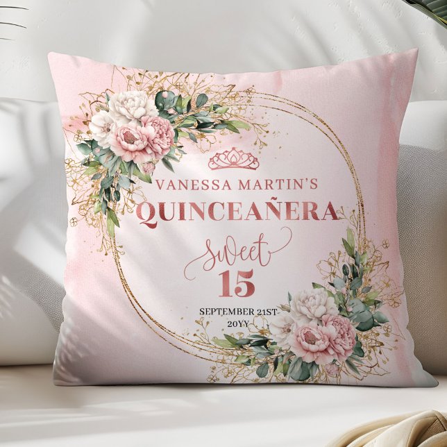 Blush Pink Flowers Eucalyptus Quinceañera Gift   Cushion (Blush Pink Flowers Eucalyptus Quinceañera Gift Pillow)