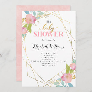 Blush Pink Flowers Geometric Frame Baby Shower Invitation