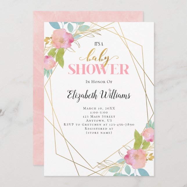 Blush Pink Flowers Geometric Frame Baby Shower Invitation (Front/Back)