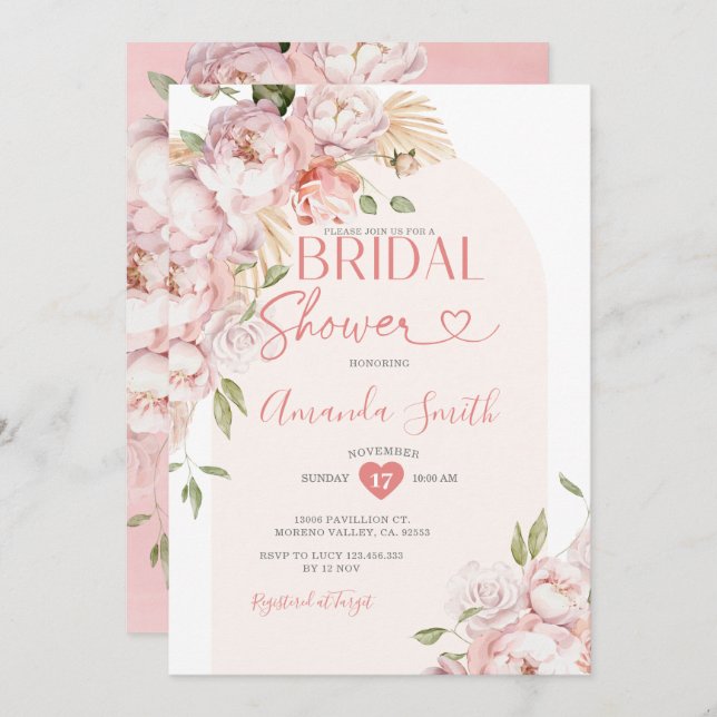 Blush Pink Flowers Girl Bridal Shower Greenery Invitation (Front/Back)
