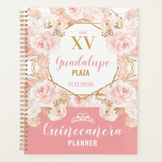 Blush Pink Flowers Glitter Quinceañera Planner (Front)