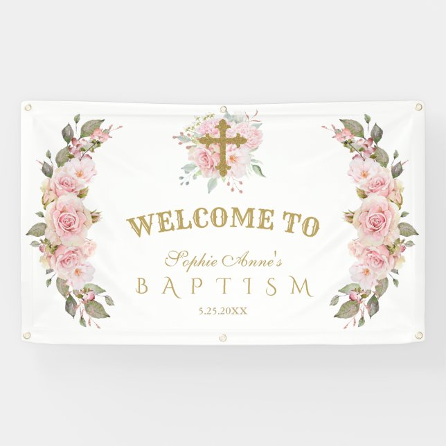 Blush Pink Flowers Gold Baptism Welcome Sign (Horizontal)